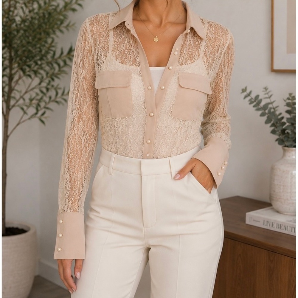 Beige Sheer Lace Bodysuit Pearl Button Long Sleeve Blouse Size-S